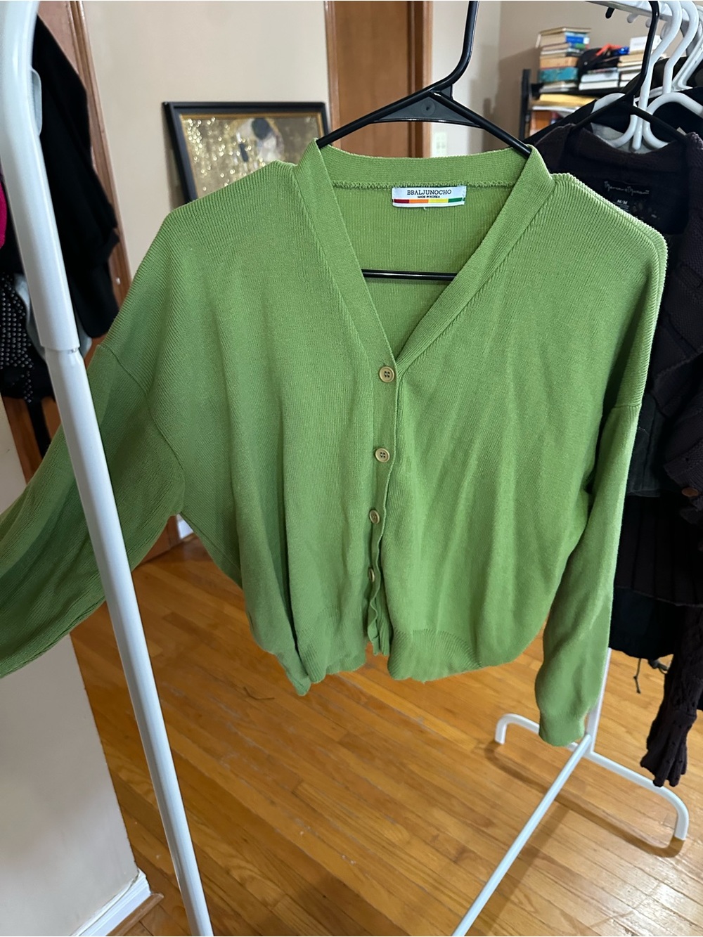 Saks Fifth Avenue Green V-Neck Button Cropped Cardigan